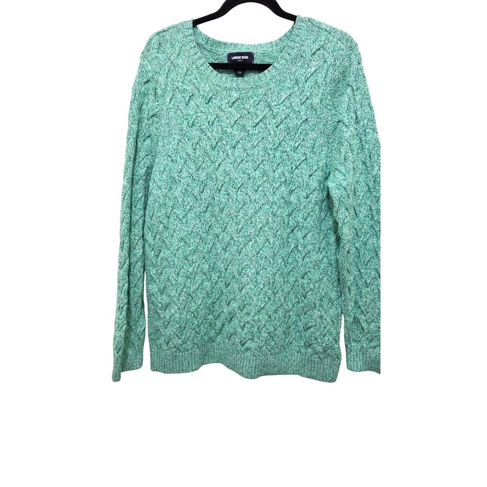 Lands End Women's XL /P Fisherman Chunky Cable Knit Sweater Green‎ Heather